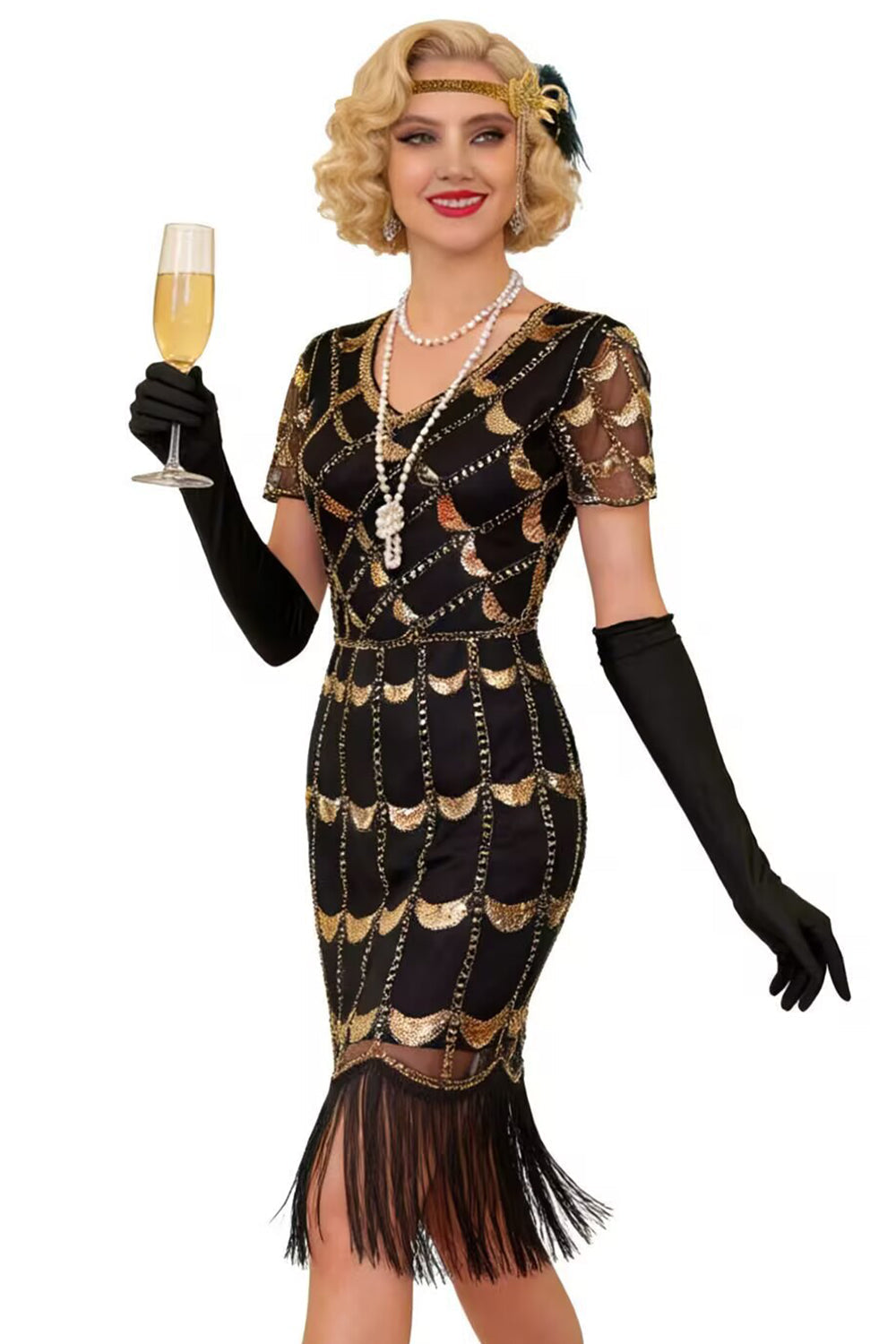 Green Golden V-Neck Short Sheer Sleeves Sequins Bodycon 1920S Dress with Fringe