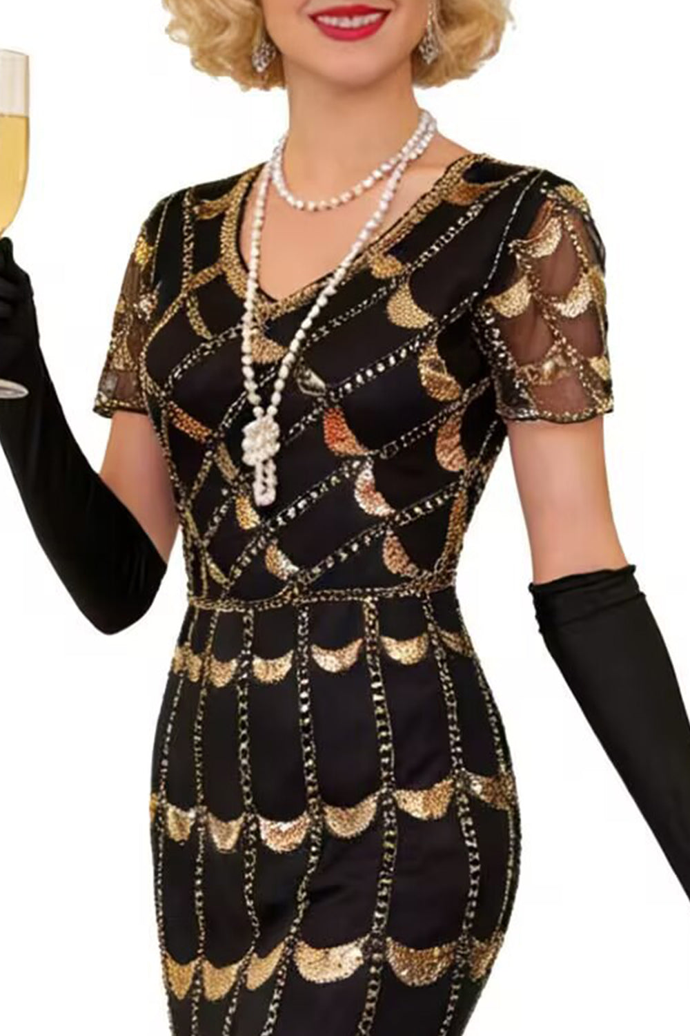 Green Golden V-Neck Short Sheer Sleeves Sequins Bodycon 1920S Dress with Fringe
