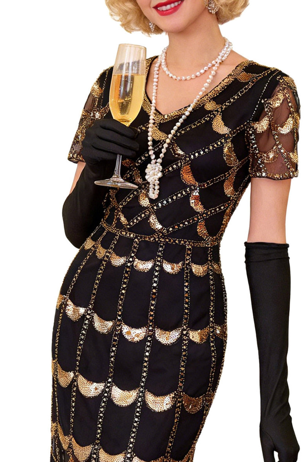 Green Golden V-Neck Short Sheer Sleeves Sequins Bodycon 1920S Dress with Fringe