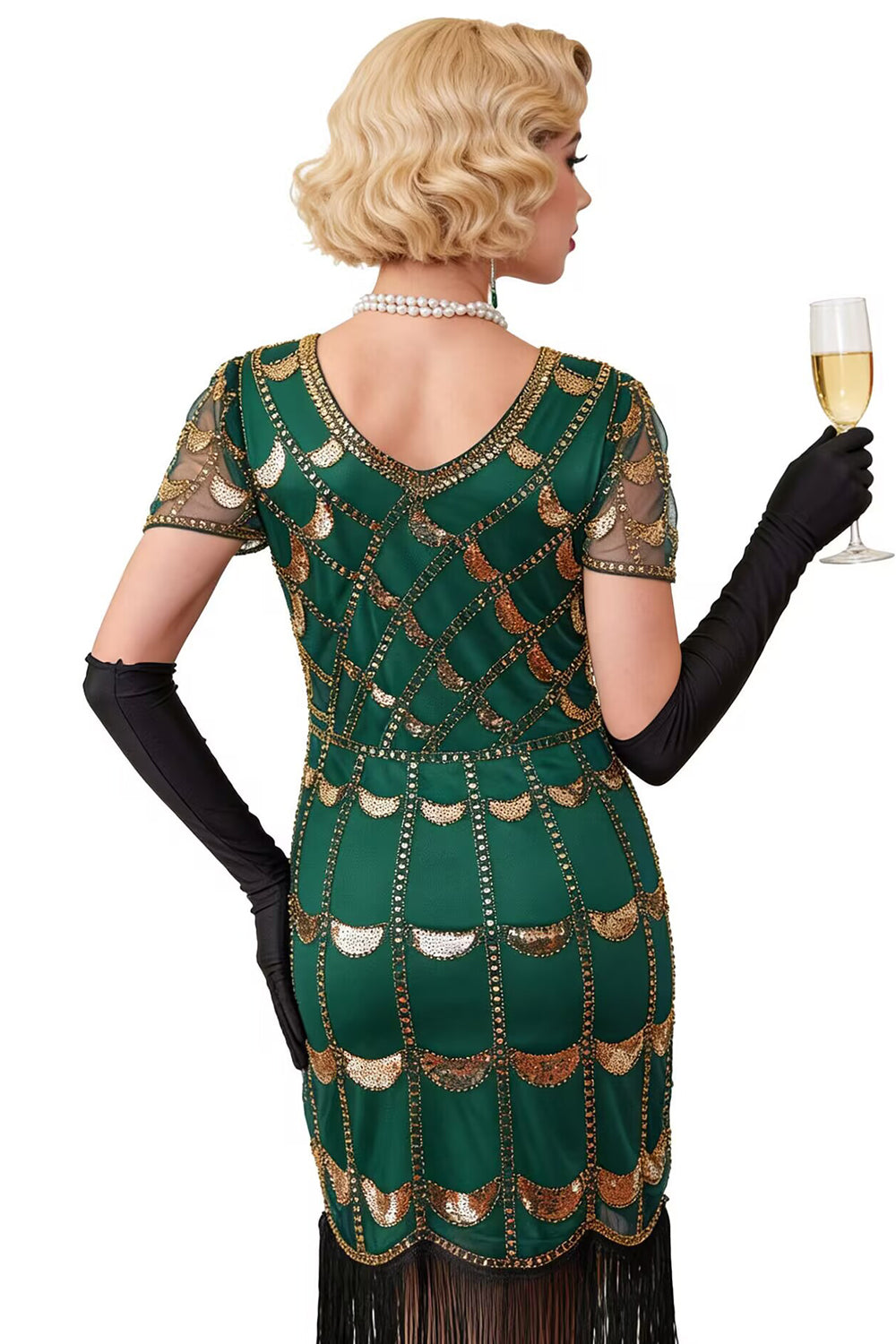 Green Golden V-Neck Short Sheer Sleeves Sequins Bodycon 1920S Dress with Fringe