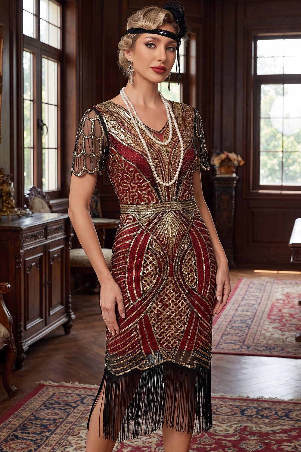 Red Golden V-Neck Sequins Bodycon Short 1920s Dress with Fringe Hem
