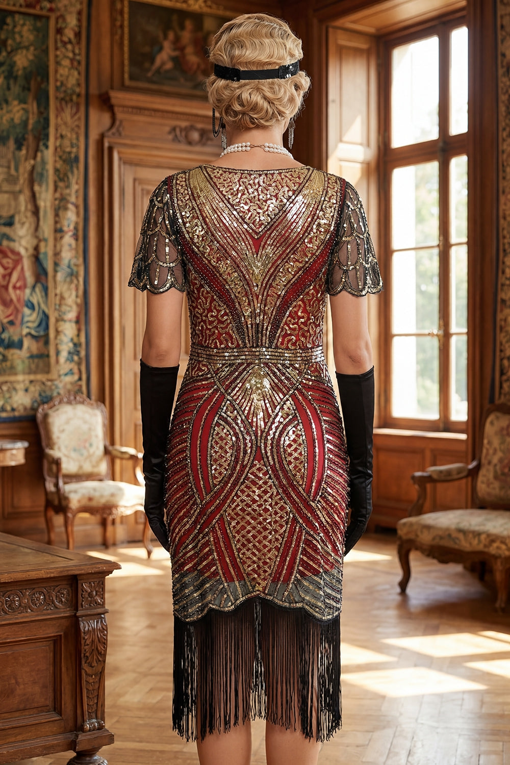 Red Golden V-Neck Sequins Bodycon Short 1920s Dress with Fringe Hem