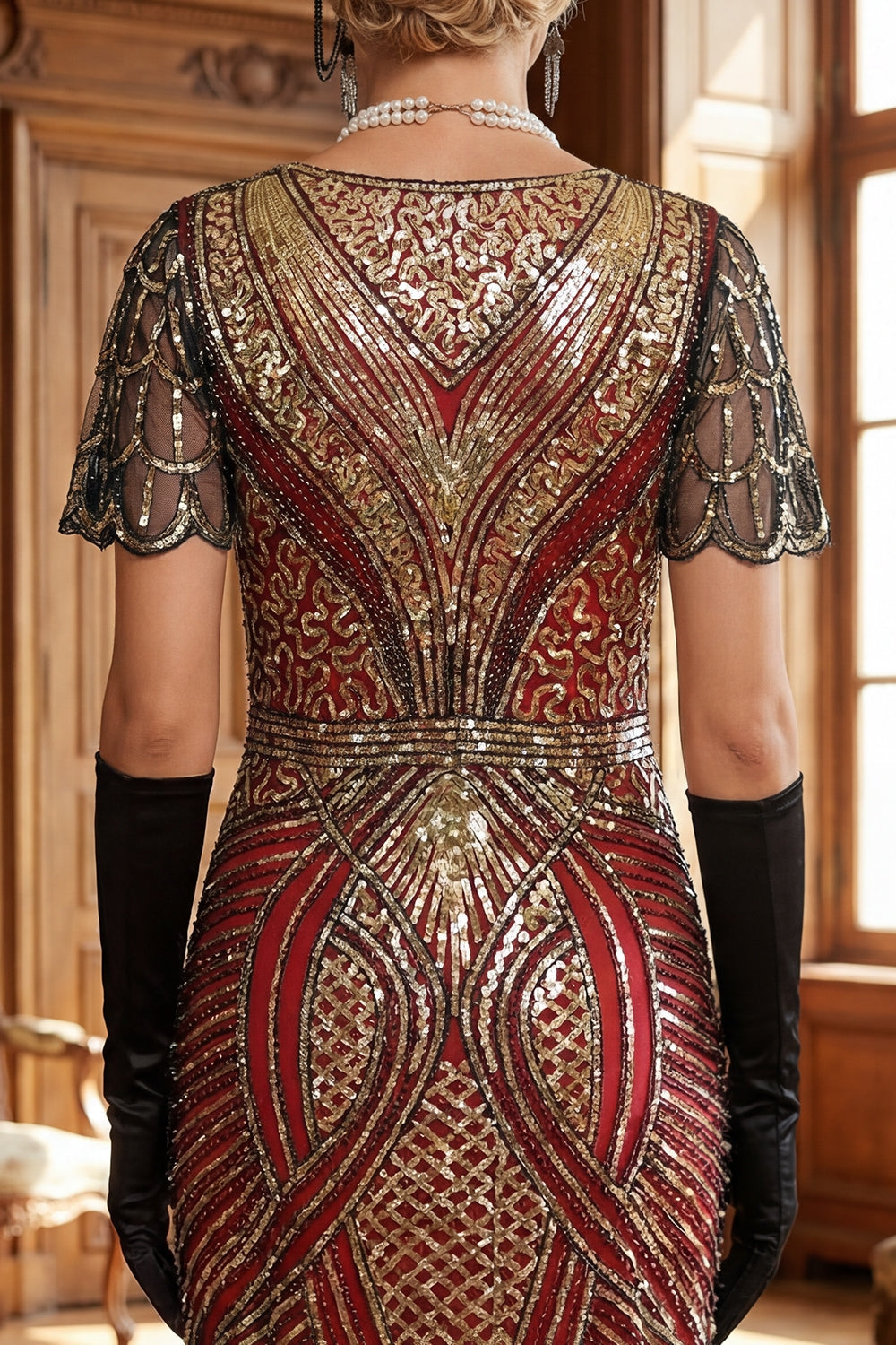 Red Golden V-Neck Sequins Bodycon Short 1920s Dress with Fringe Hem