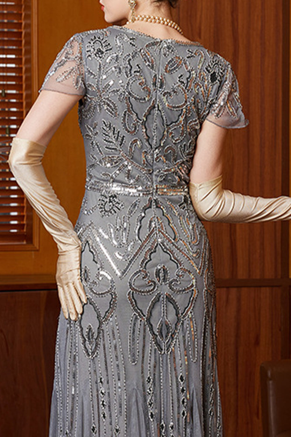 Sparkly Grey Round Neck Flutter Sleeves Sheath Long 1920s Dress with Sequins