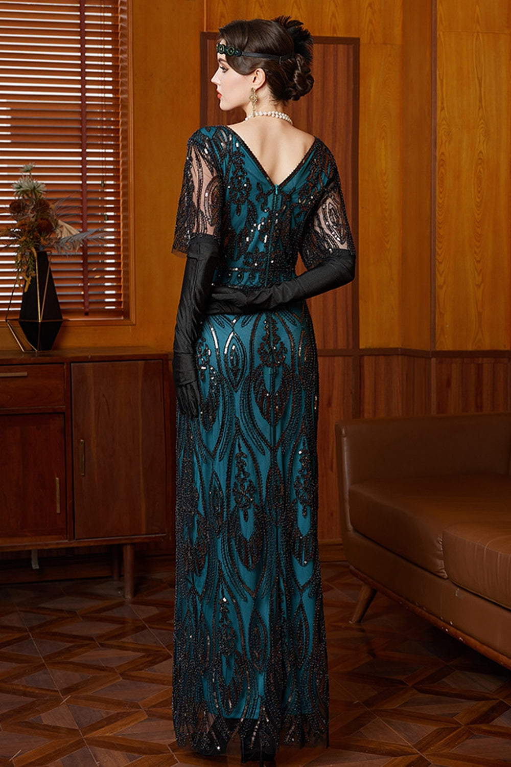Black Blue Sequin V-Neck Half Sleeves Sheath Long 1920s Dress with Beading