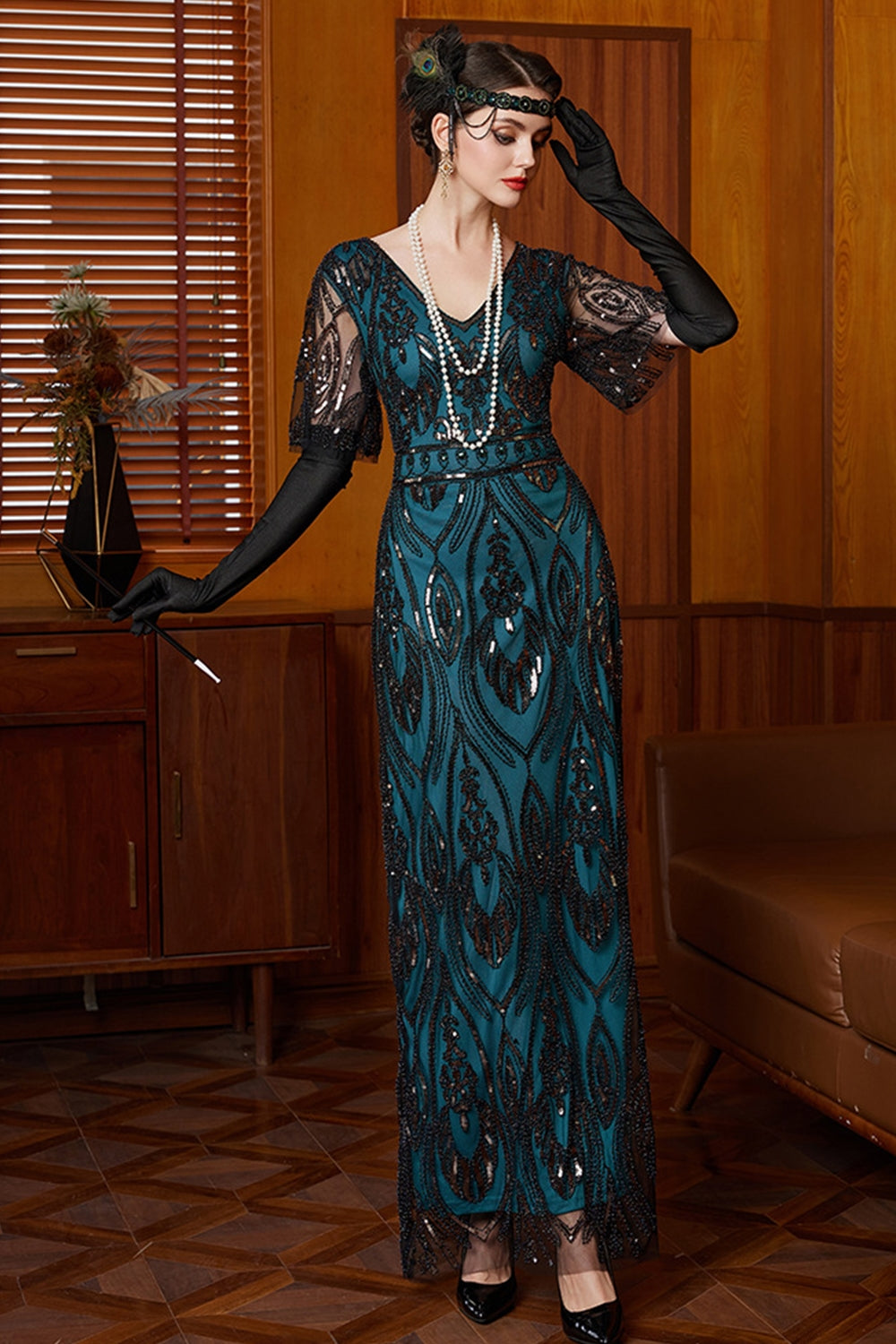 Black Blue Sequin V-Neck Half Sleeves Sheath Long 1920s Dress with Beading