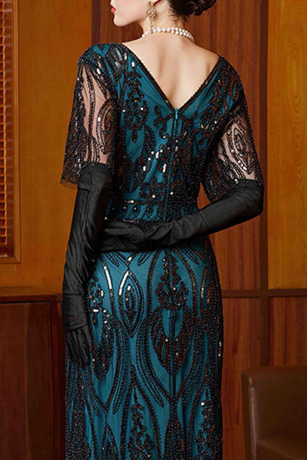 Black Blue Sequin V-Neck Half Sleeves Sheath Long 1920s Dress with Beading