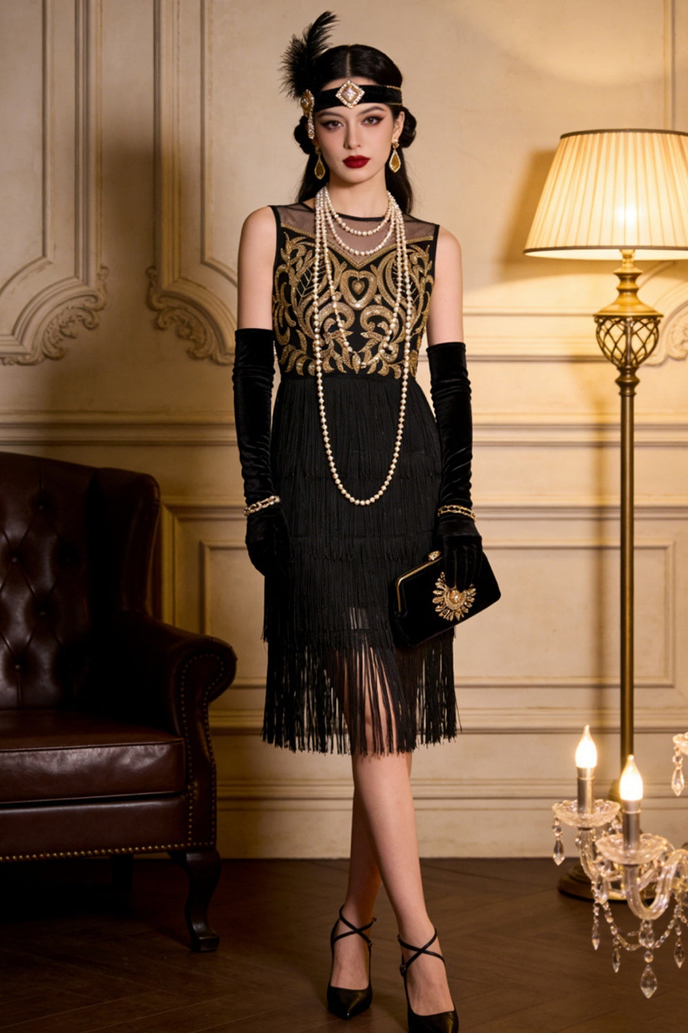 Gold Embroidered Flapper Tiered Fringe Great Gatsby 1920s Party Dress