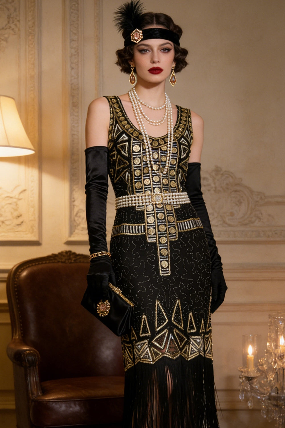 Vintage Black Gold Sequin Flapper Great Gatsby 1920s Party Dress