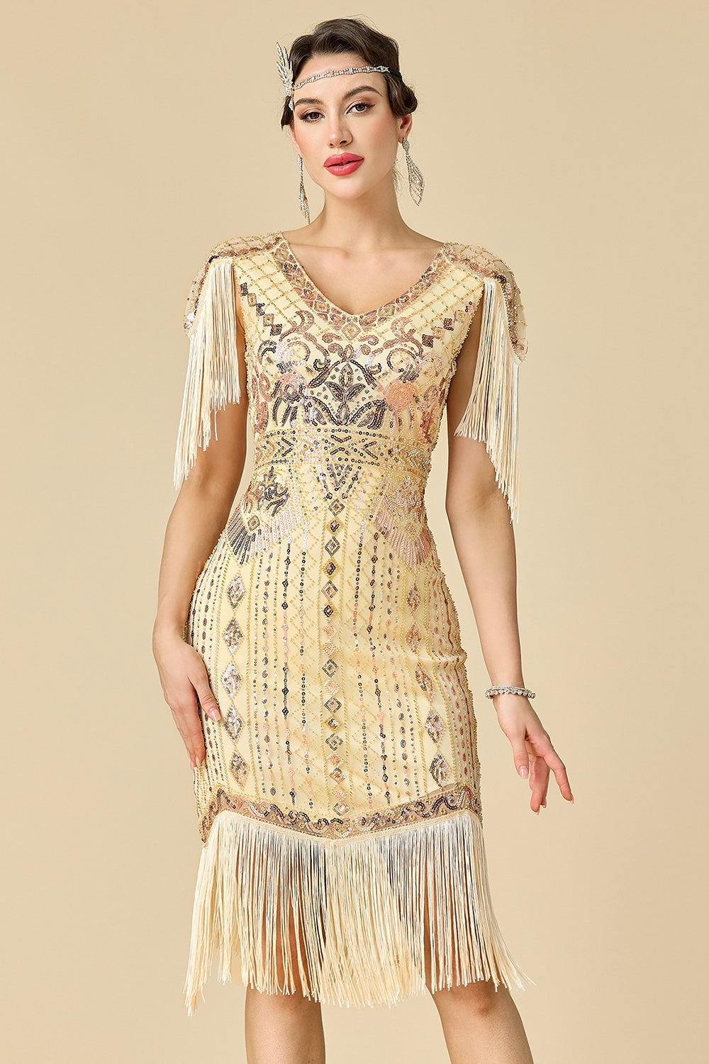 Sparkly Bodycon V-Neck Sequins Fringed Shoulder Sleeves 1920s Dress