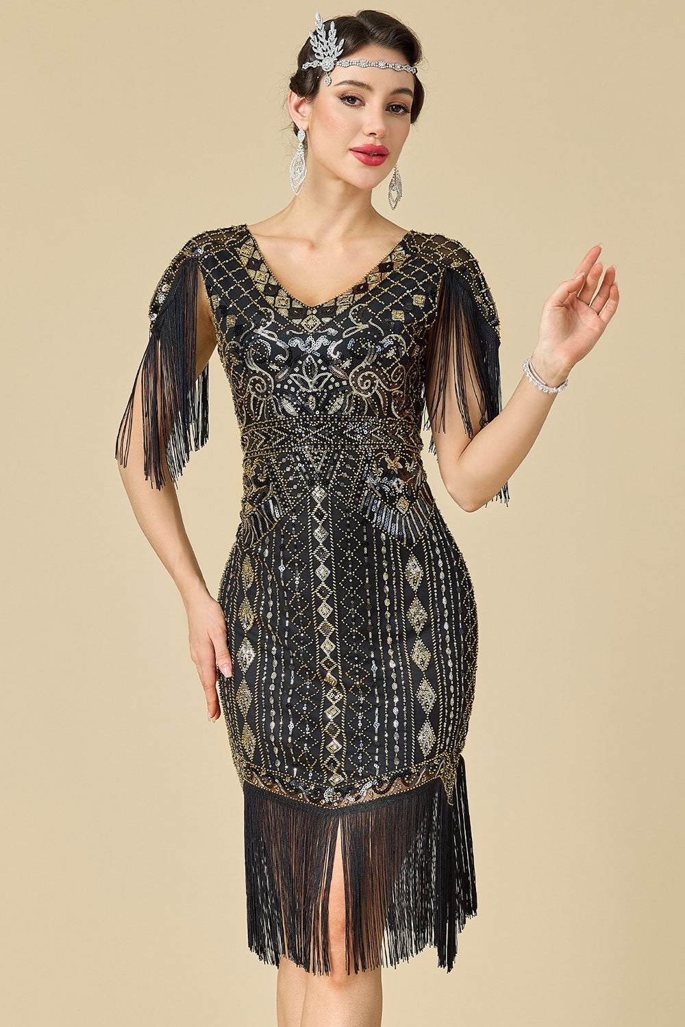 Sparkly Bodycon V-Neck Sequins Fringed Shoulder Sleeves 1920s Dress