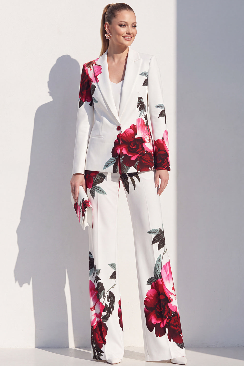 White Blue Flower Printed Notched Lapel Pantsuits Women Prom Suits