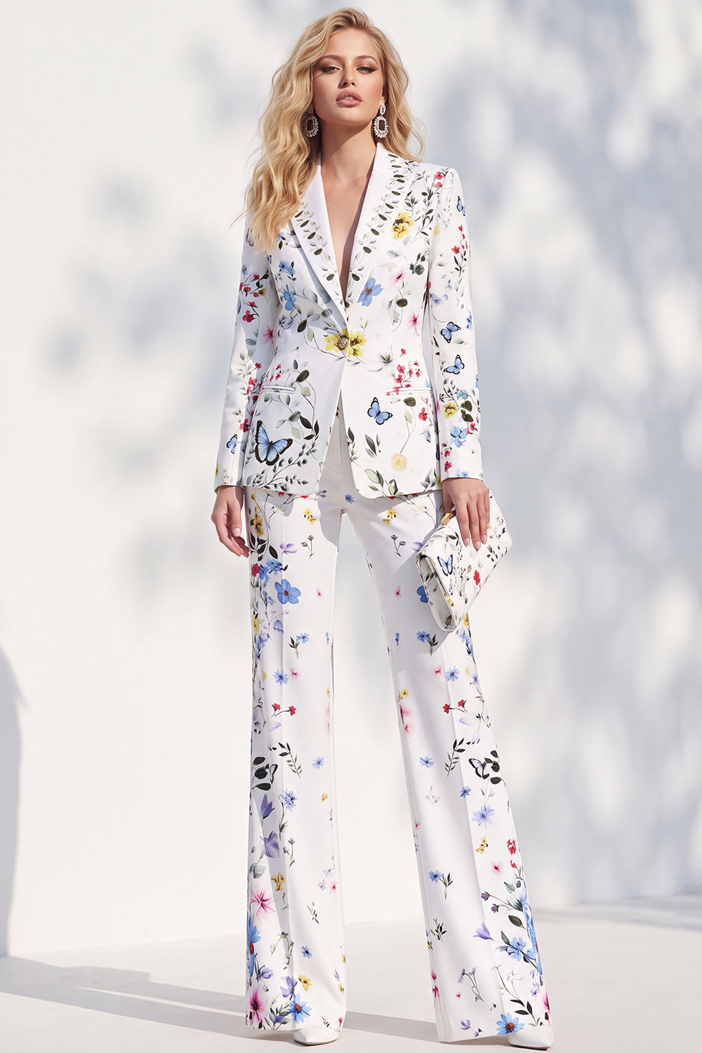 White Printed Peak Lapel Pantsuits Women Prom Suits