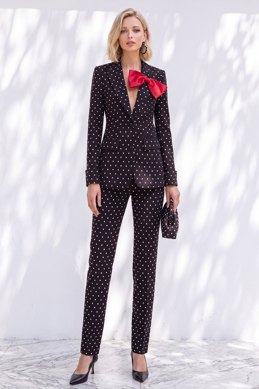 Black Polka Dots Pantsuits Peak Lapel Women Wedding Suits with Bow