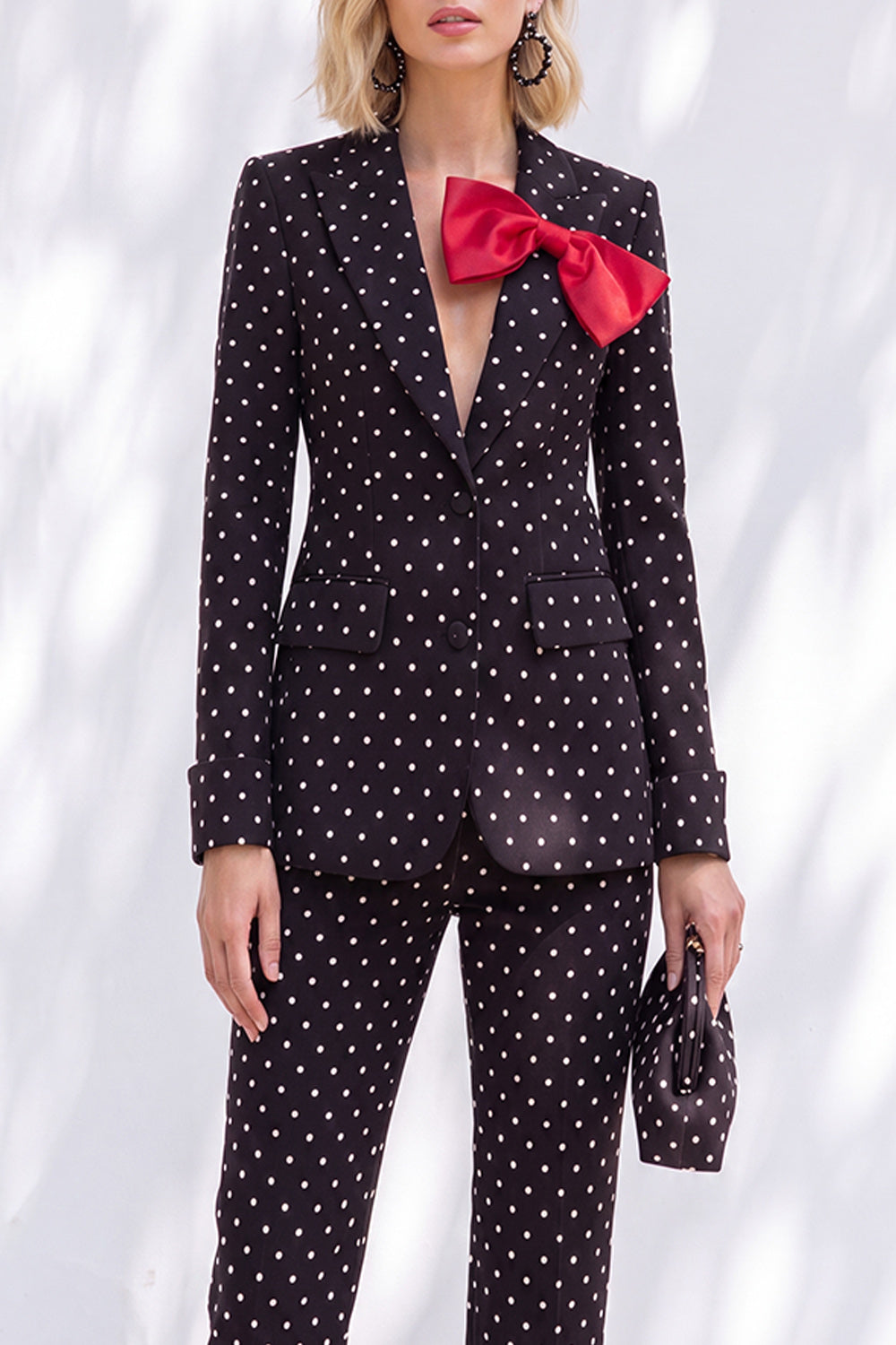 Black Polka Dots Pantsuits Peak Lapel Women Wedding Suits with Bow