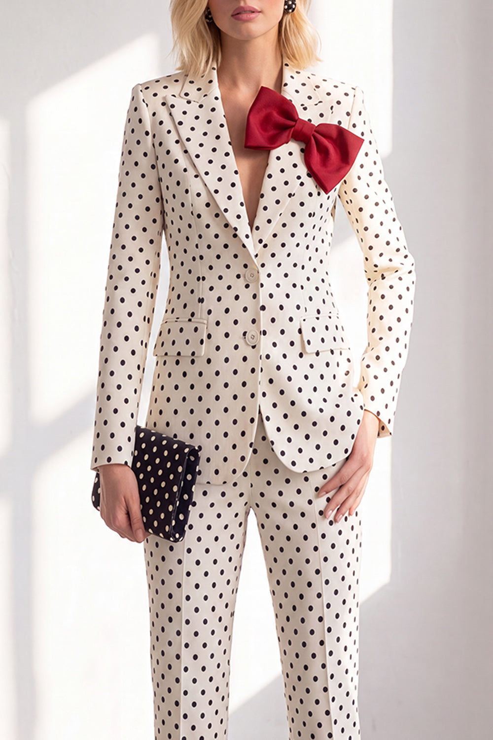 Black Polka Dots Pantsuits Peak Lapel Women Wedding Suits with Bow