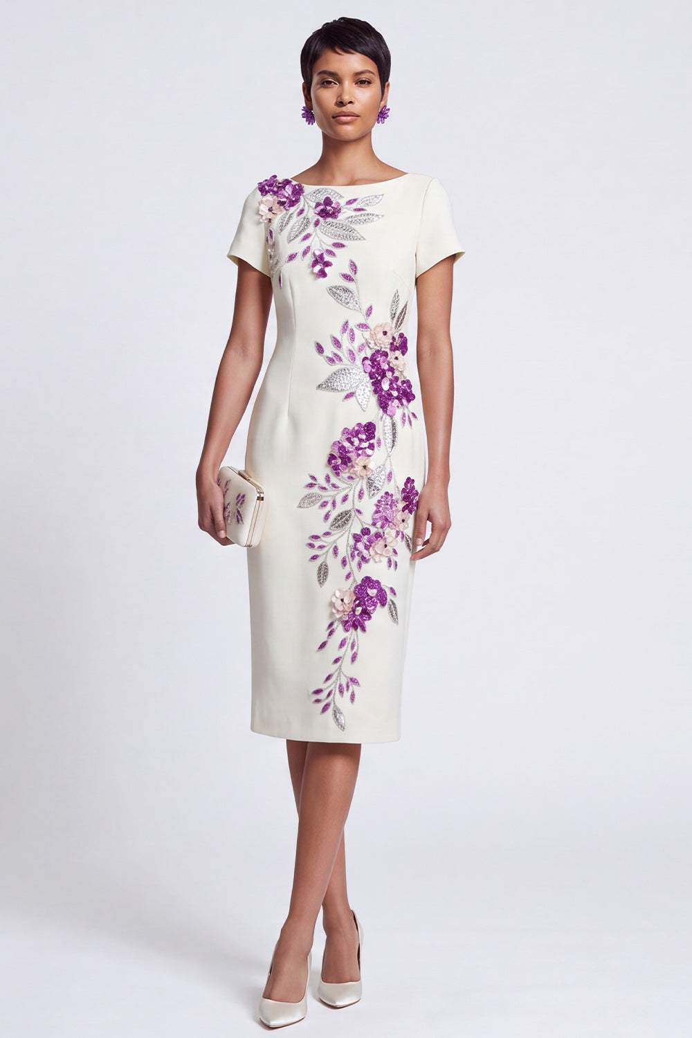 White Sheath Boat Neck Floral Embroidery Sequins Midi Work Dress with 3D Appliques