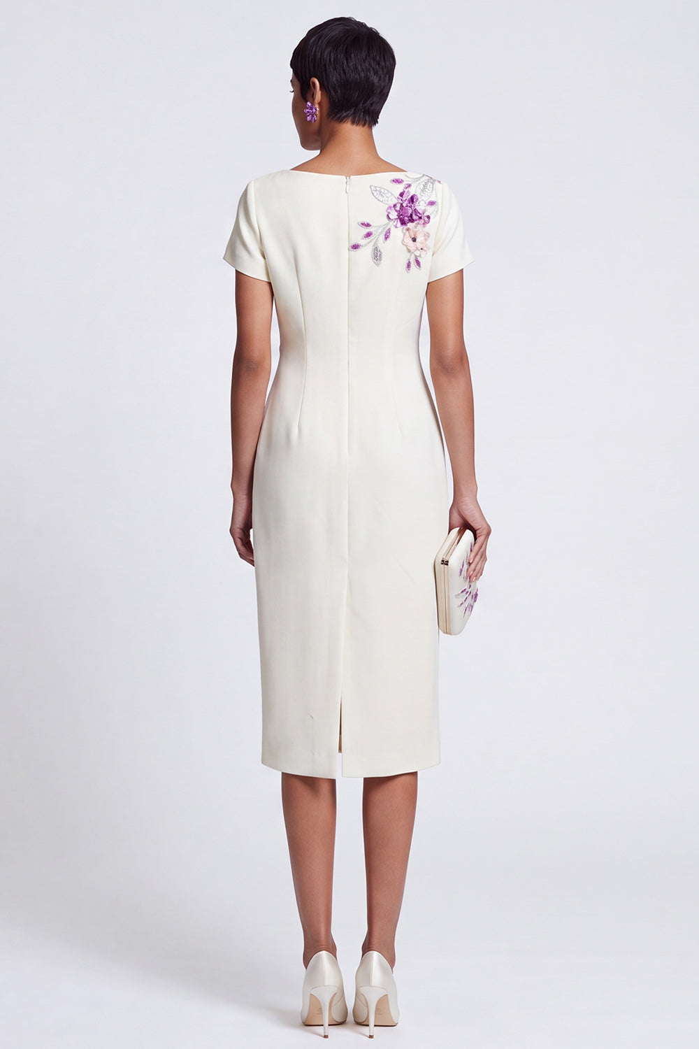 White Sheath Boat Neck Floral Embroidery Sequins Midi Work Dress with 3D Appliques