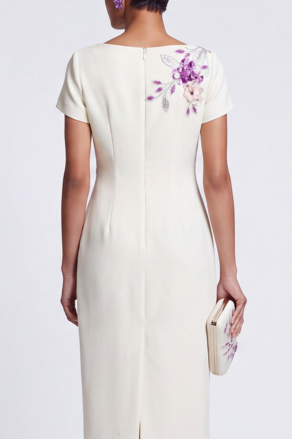 White Sheath Boat Neck Floral Embroidery Sequins Midi Work Dress with 3D Appliques