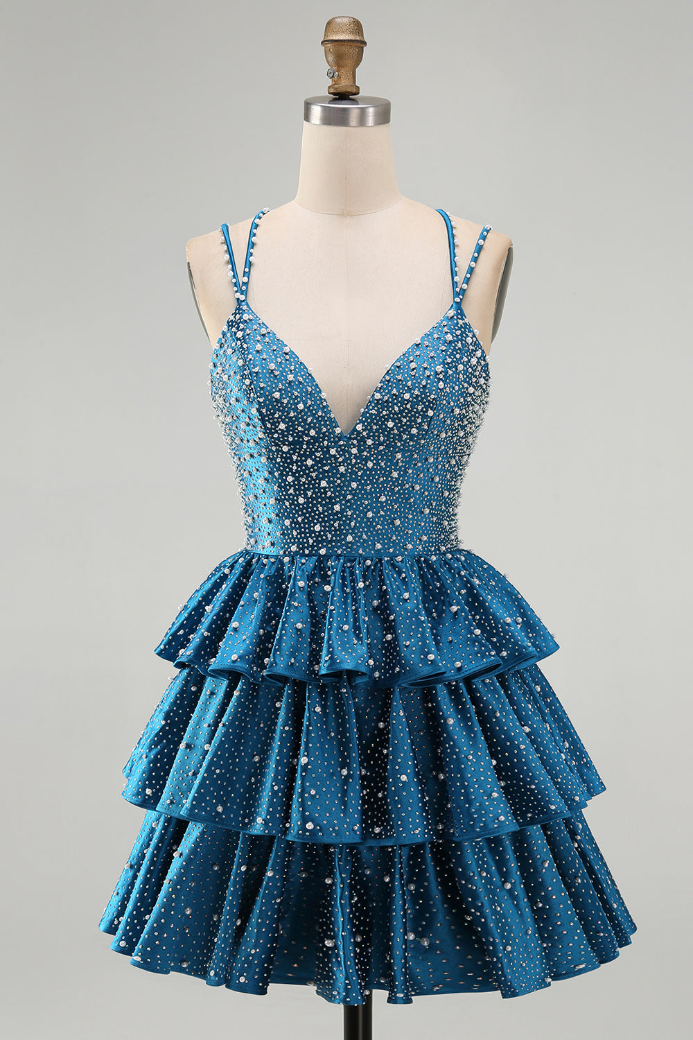 Blue A Line Pearls Tiered Ruffle Short Homecoming Dresses with Beading