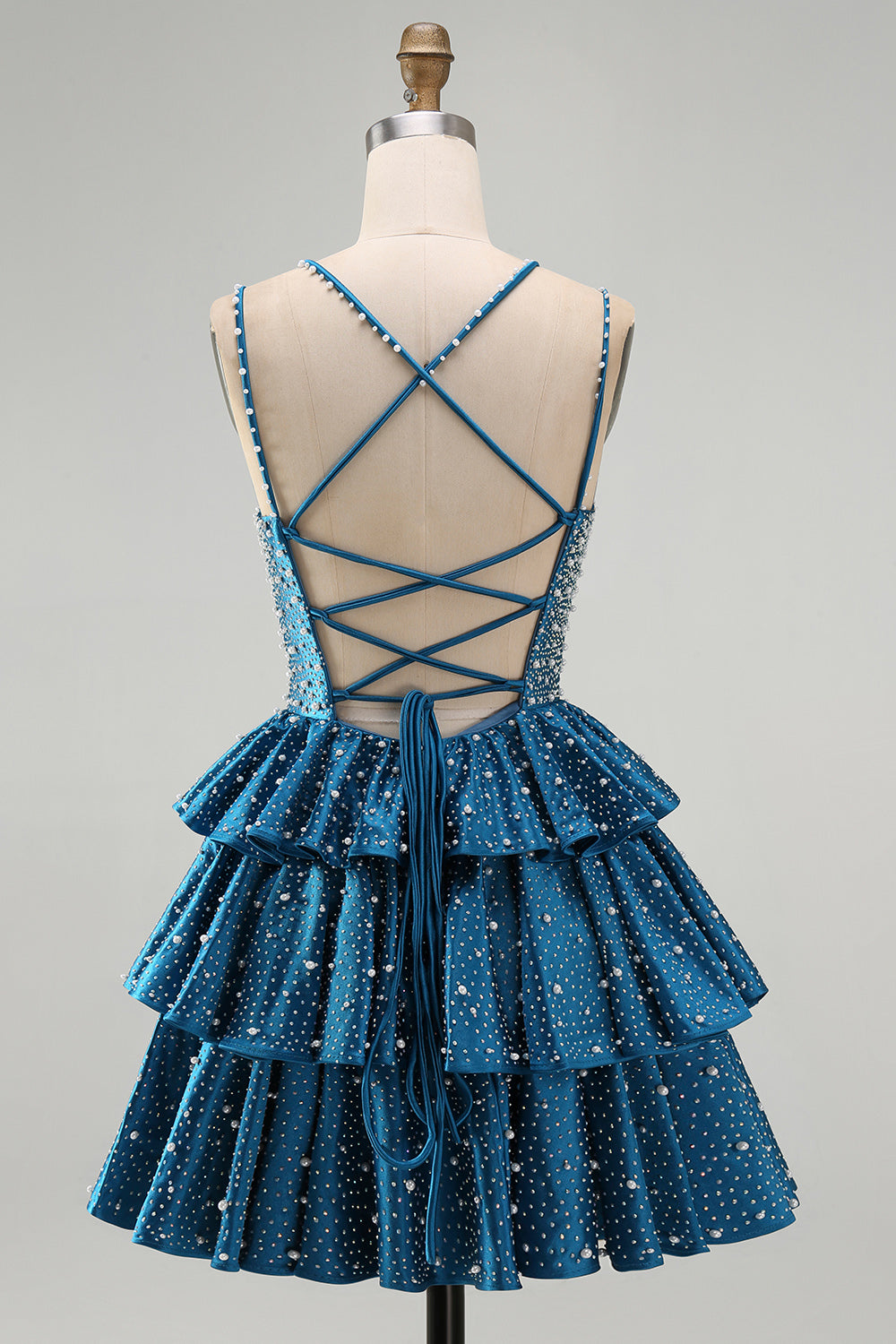 Blue A Line Pearls Tiered Ruffle Short Homecoming Dresses with Beading