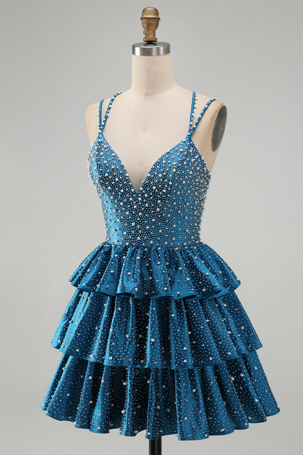 Blue A Line Pearls Tiered Ruffle Short Homecoming Dresses with Beading
