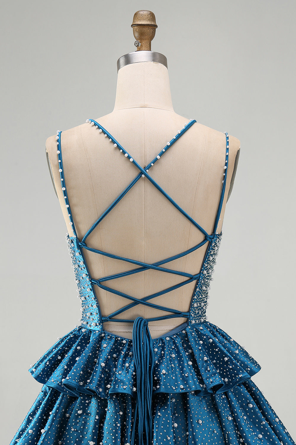 Blue A Line Pearls Tiered Ruffle Short Homecoming Dresses with Beading
