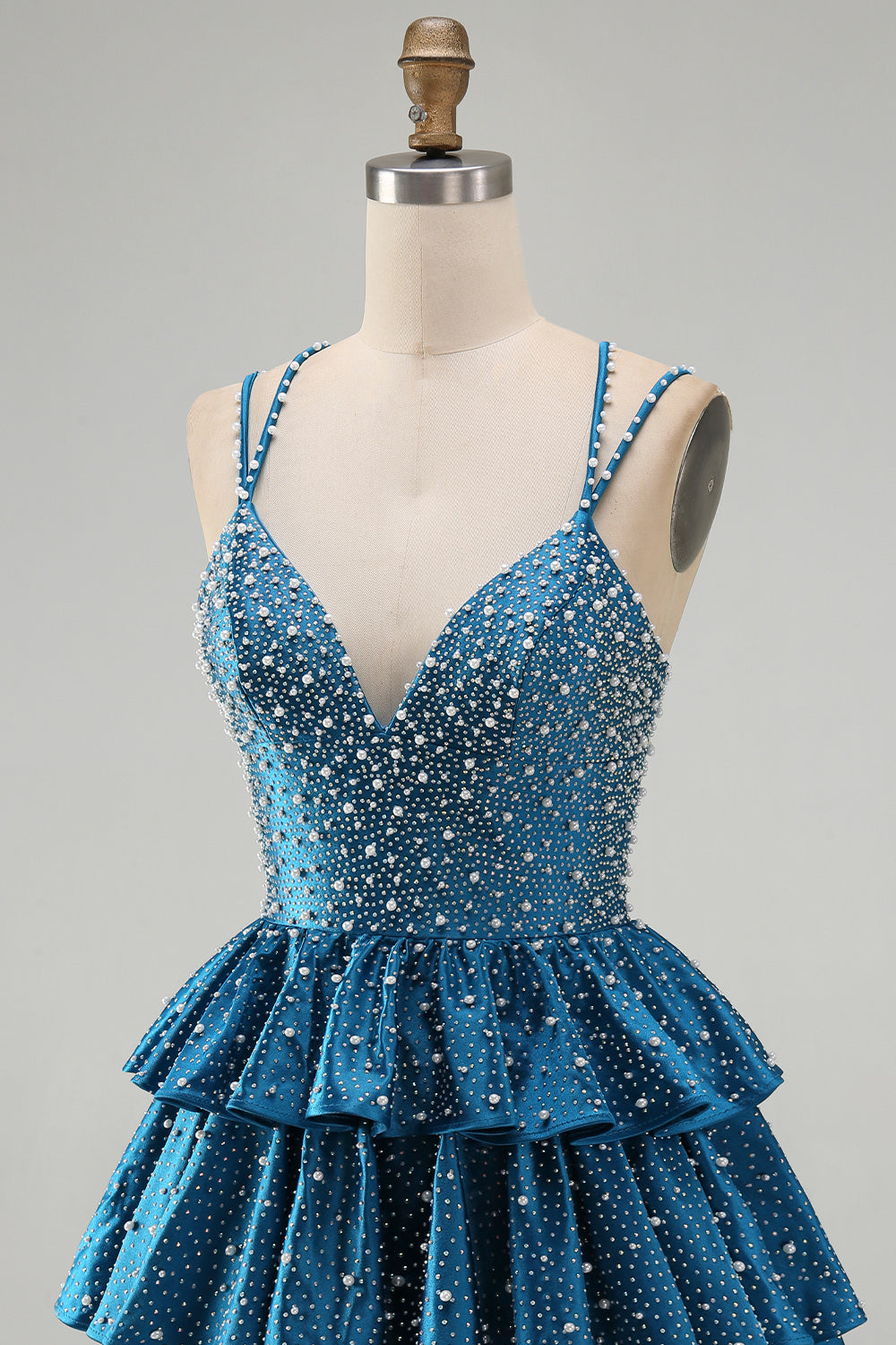 Blue A Line Pearls Tiered Ruffle Short Homecoming Dresses with Beading