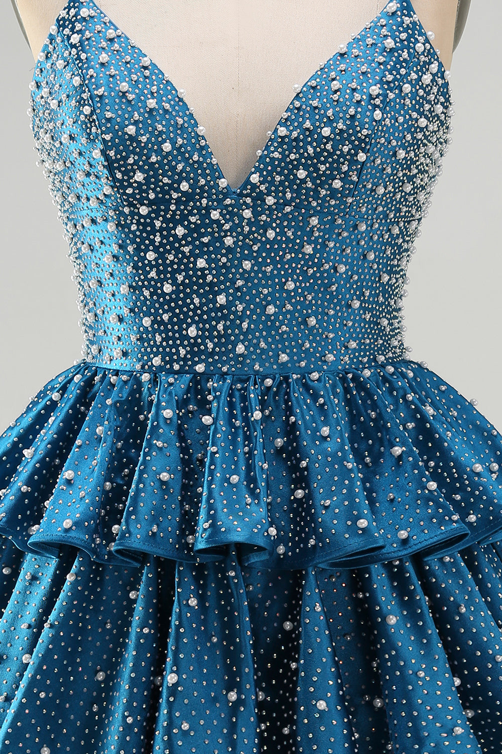 Blue A Line Pearls Tiered Ruffle Short Homecoming Dresses with Beading