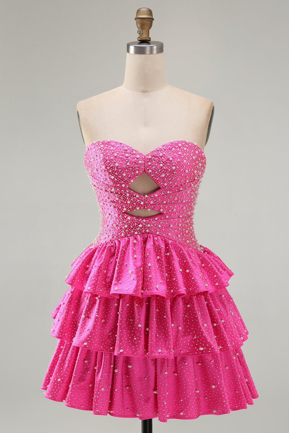 Beaded A Line Cut Out Tiered Ruffle Fuchsia Homecoming Dress with Pearls