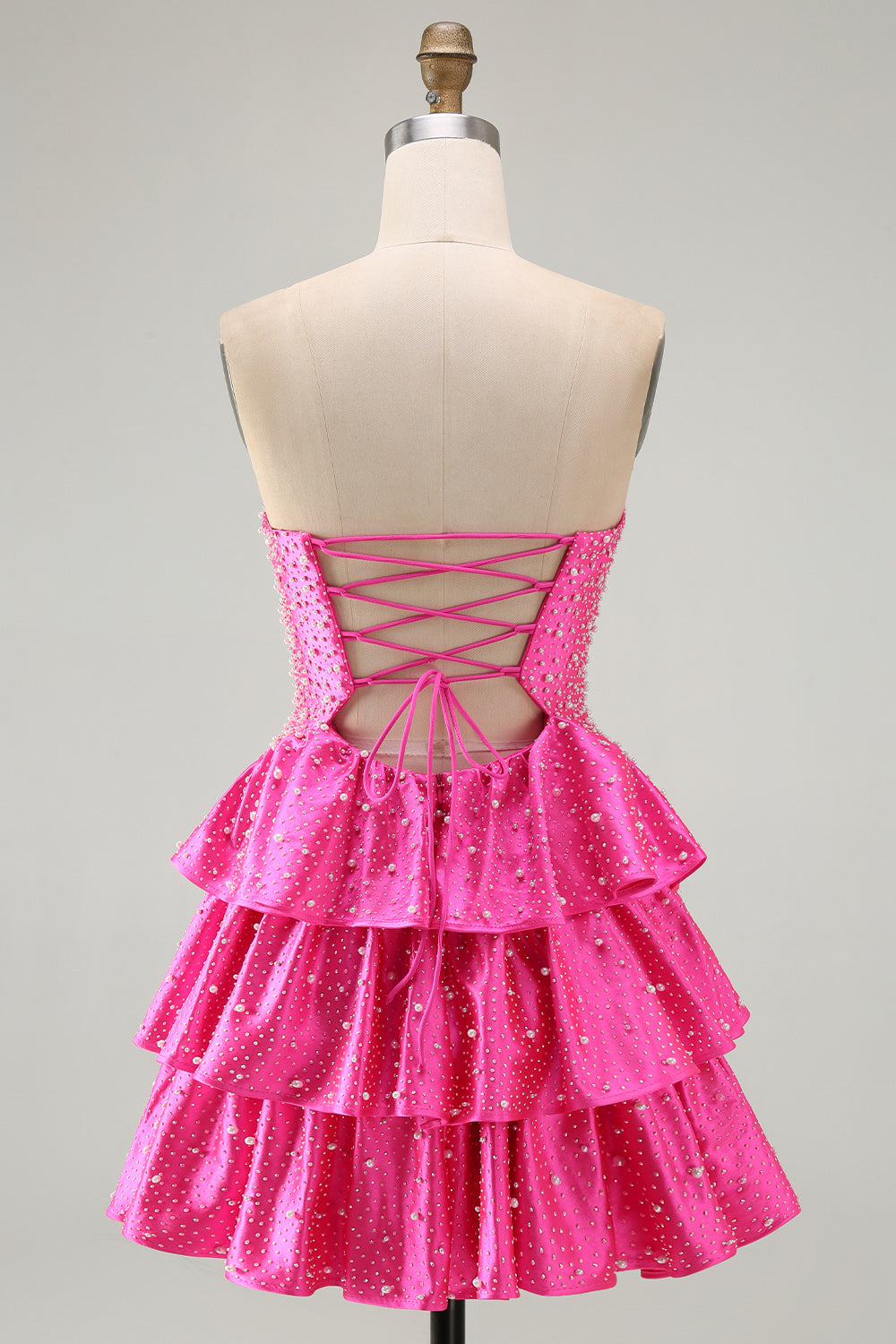 Beaded A Line Cut Out Tiered Ruffle Fuchsia Homecoming Dress with Pearls