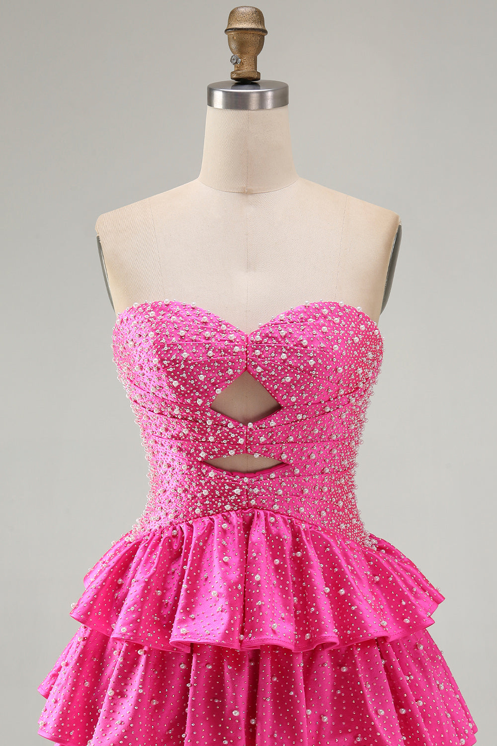 Beaded A Line Cut Out Tiered Ruffle Fuchsia Homecoming Dress with Pearls