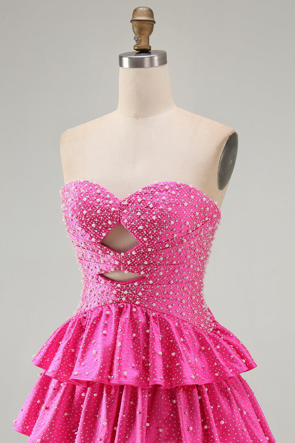 Beaded A Line Cut Out Tiered Ruffle Fuchsia Homecoming Dress with Pearls