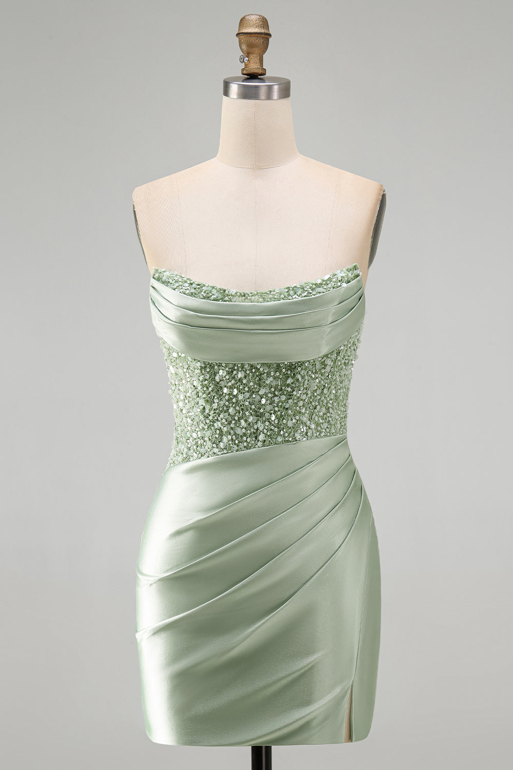 Dusty Green Sequins Ruched Satin Pearl Bodycon Short Homecoming Dress