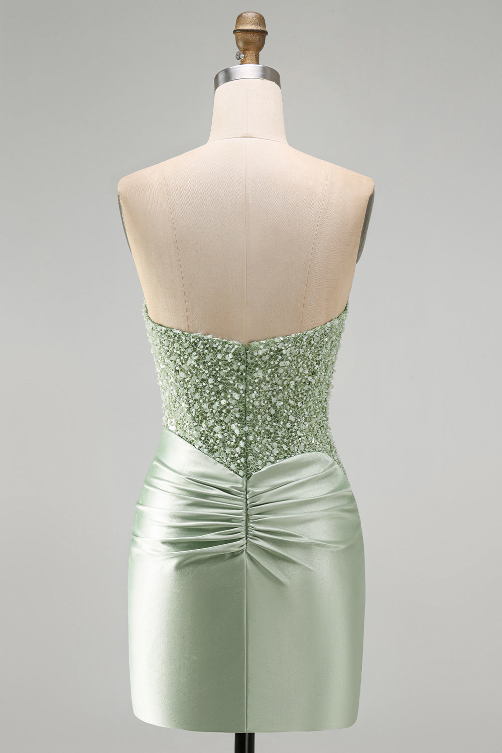 Dusty Green Sequins Ruched Satin Pearl Bodycon Short Homecoming Dress