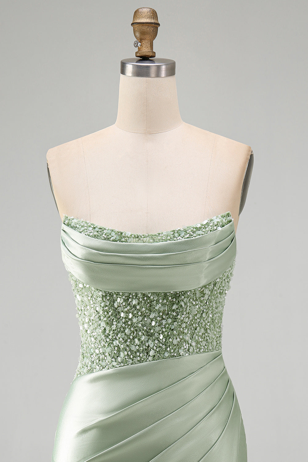 Dusty Green Sequins Ruched Satin Pearl Bodycon Short Homecoming Dress