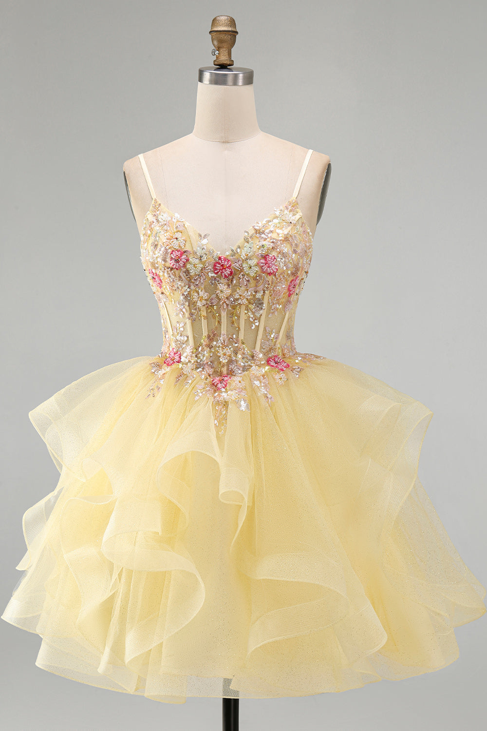 Yellow A-Line Corset Beaded Pearls V-Neck Ruffle Homecoming Dress