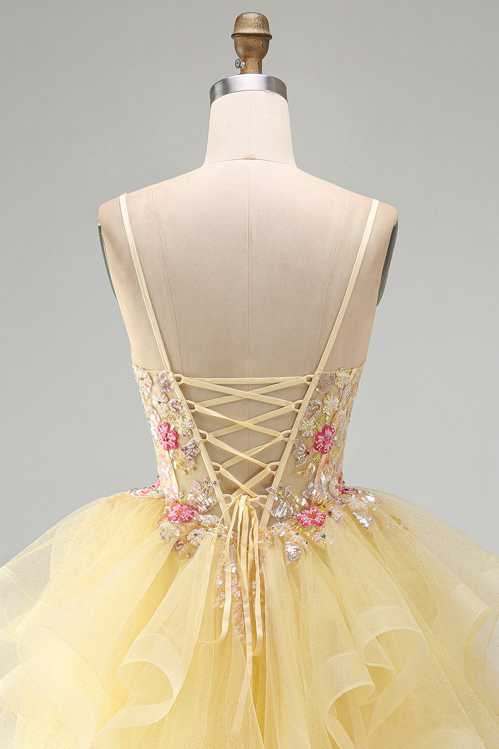Yellow A-Line Corset Beaded Pearls V-Neck Ruffle Homecoming Dress