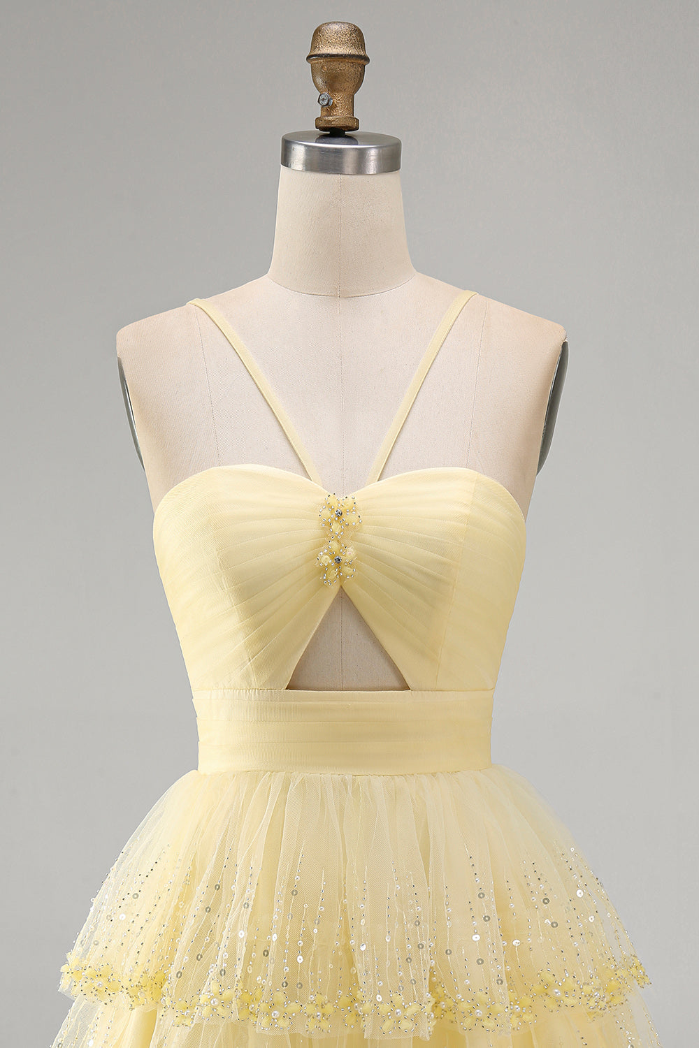 Sparkly Yellow A-Line Cut Out Tiered Ruffle Pearls Short Homecoming Dress