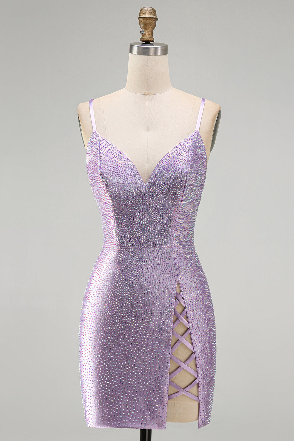 Lilac Backless Short Beaded Tight Homecoming Dress with Criss-Cross Slit
