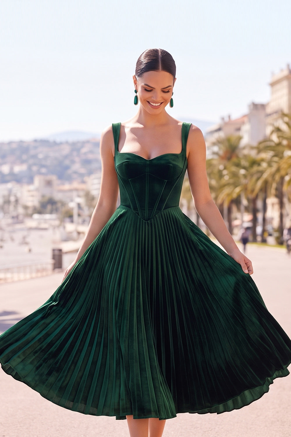 Dark Green Corset Pleated A-Line Thick Straps Midi Dress