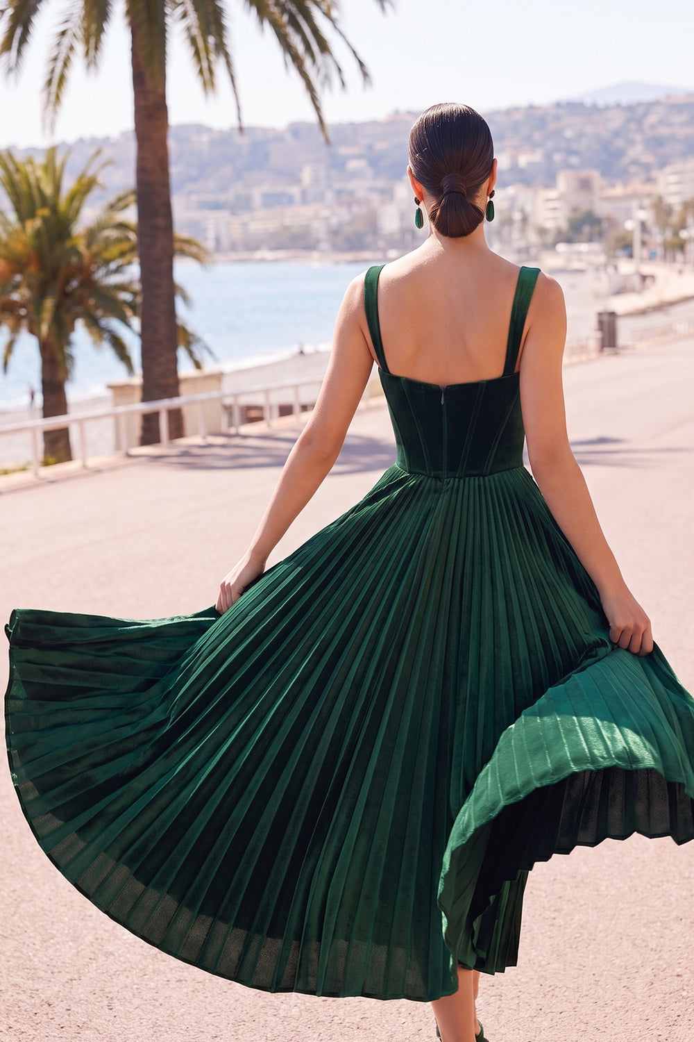 Dark Green Corset Pleated A-Line Thick Straps Midi Dress
