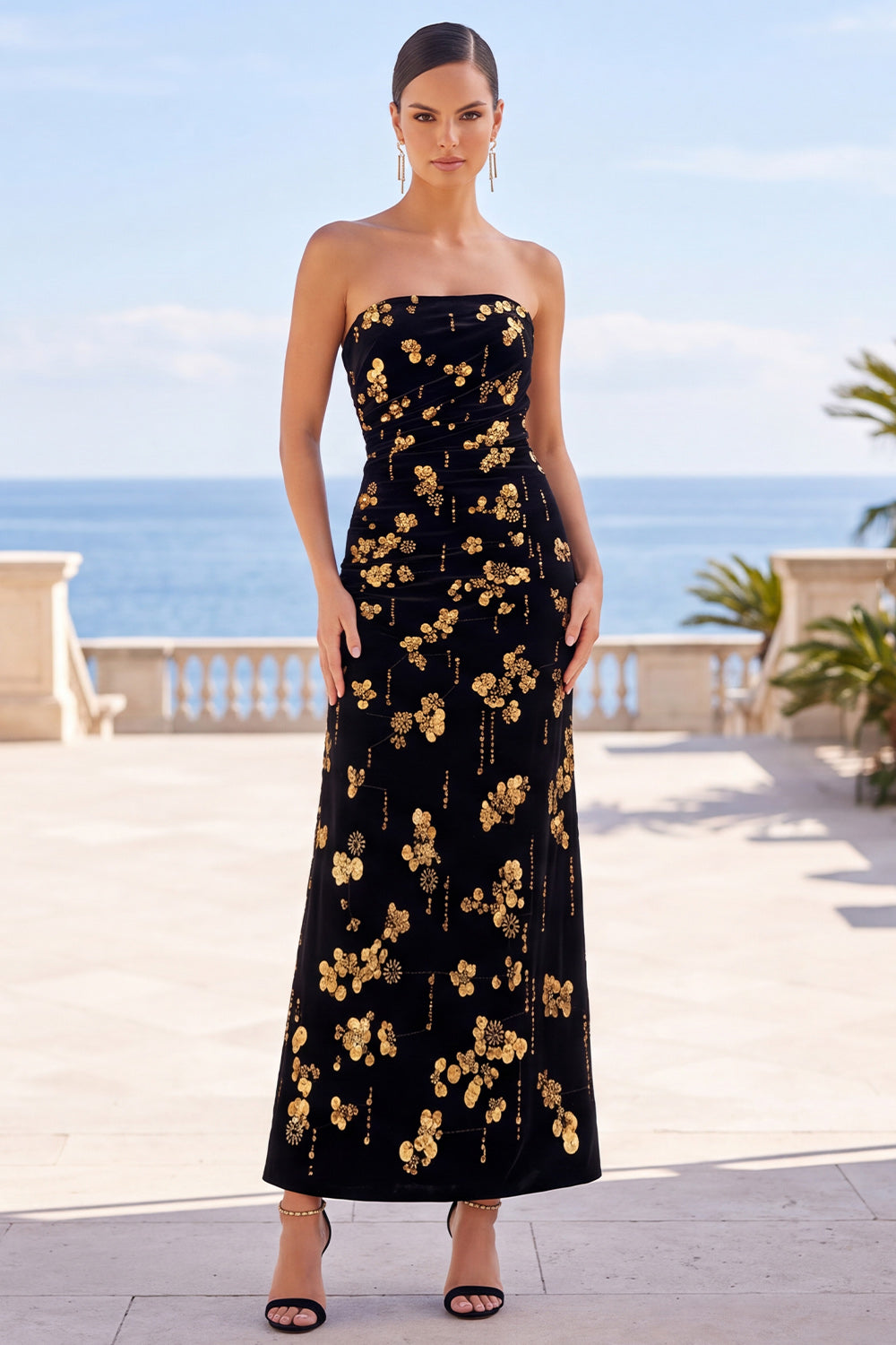 Robe longue trapèze bustier à imprimé floral noir et doré