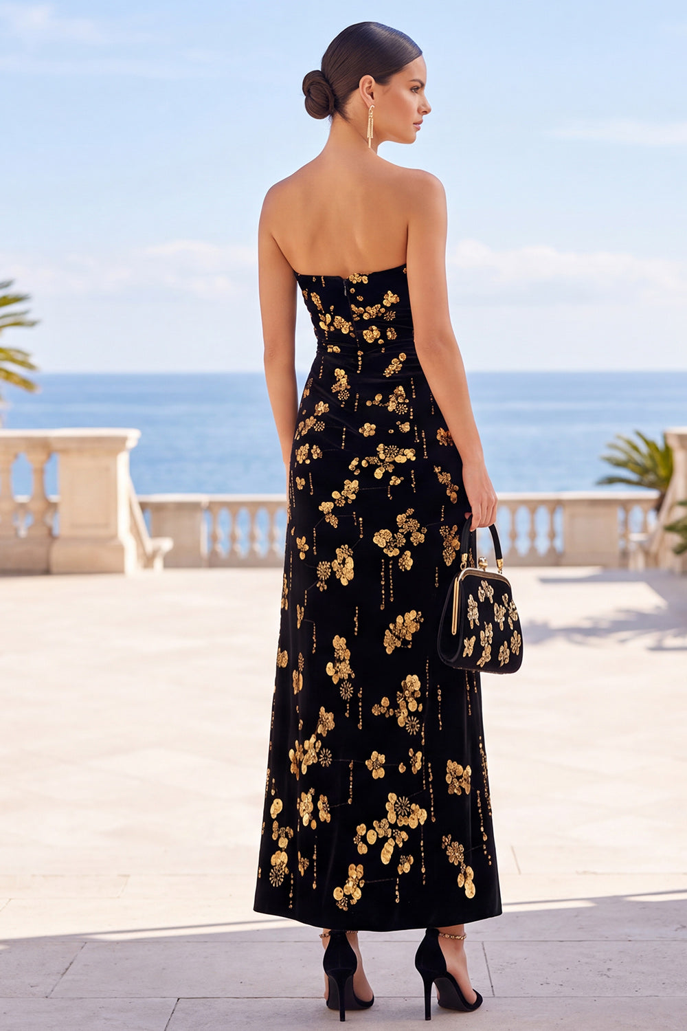 Robe longue trapèze bustier à imprimé floral noir et doré