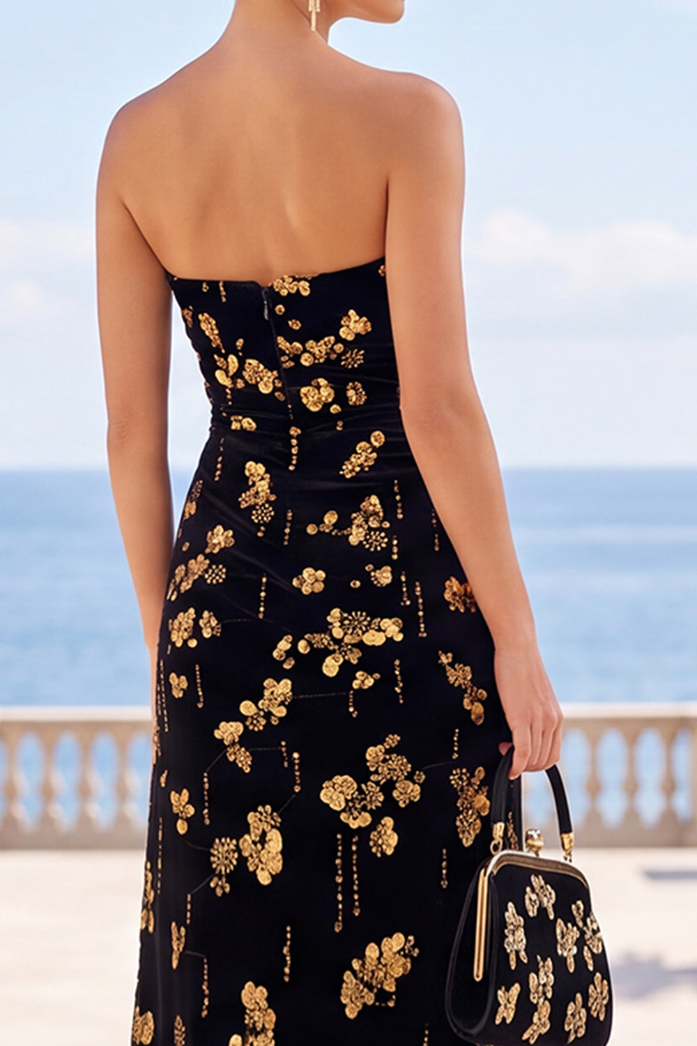Robe longue trapèze bustier à imprimé floral noir et doré