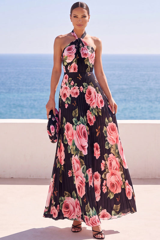 Robe longue plissée en mousseline à imprimé floral noir avec licou