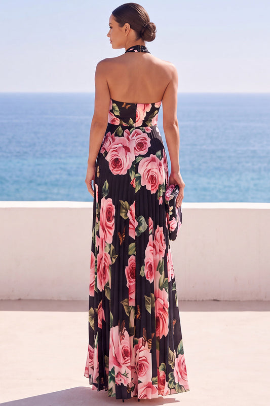 Robe longue plissée en mousseline à imprimé floral noir avec licou