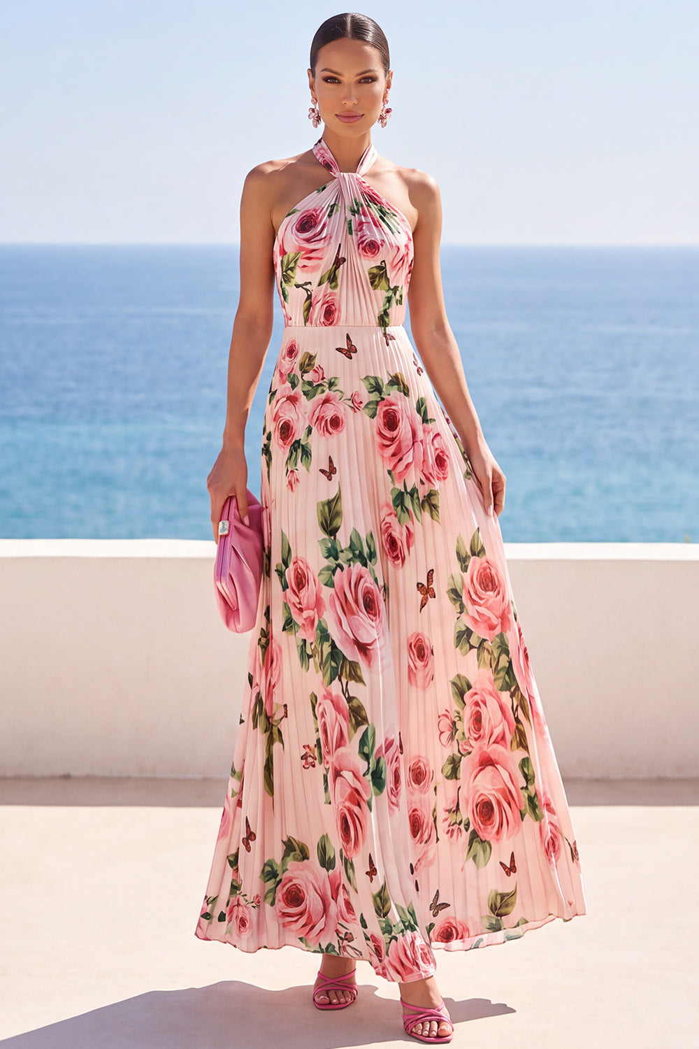 Robe longue plissée en mousseline à imprimé floral noir avec licou