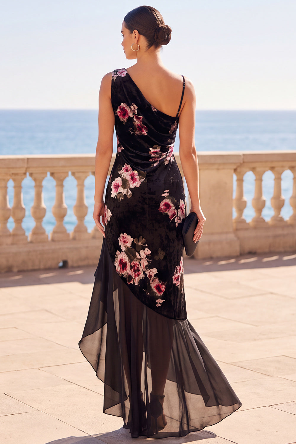 Black Asymmetrical One‑Shoulder Florla Velvet Ruffled Hem Maxi Dress