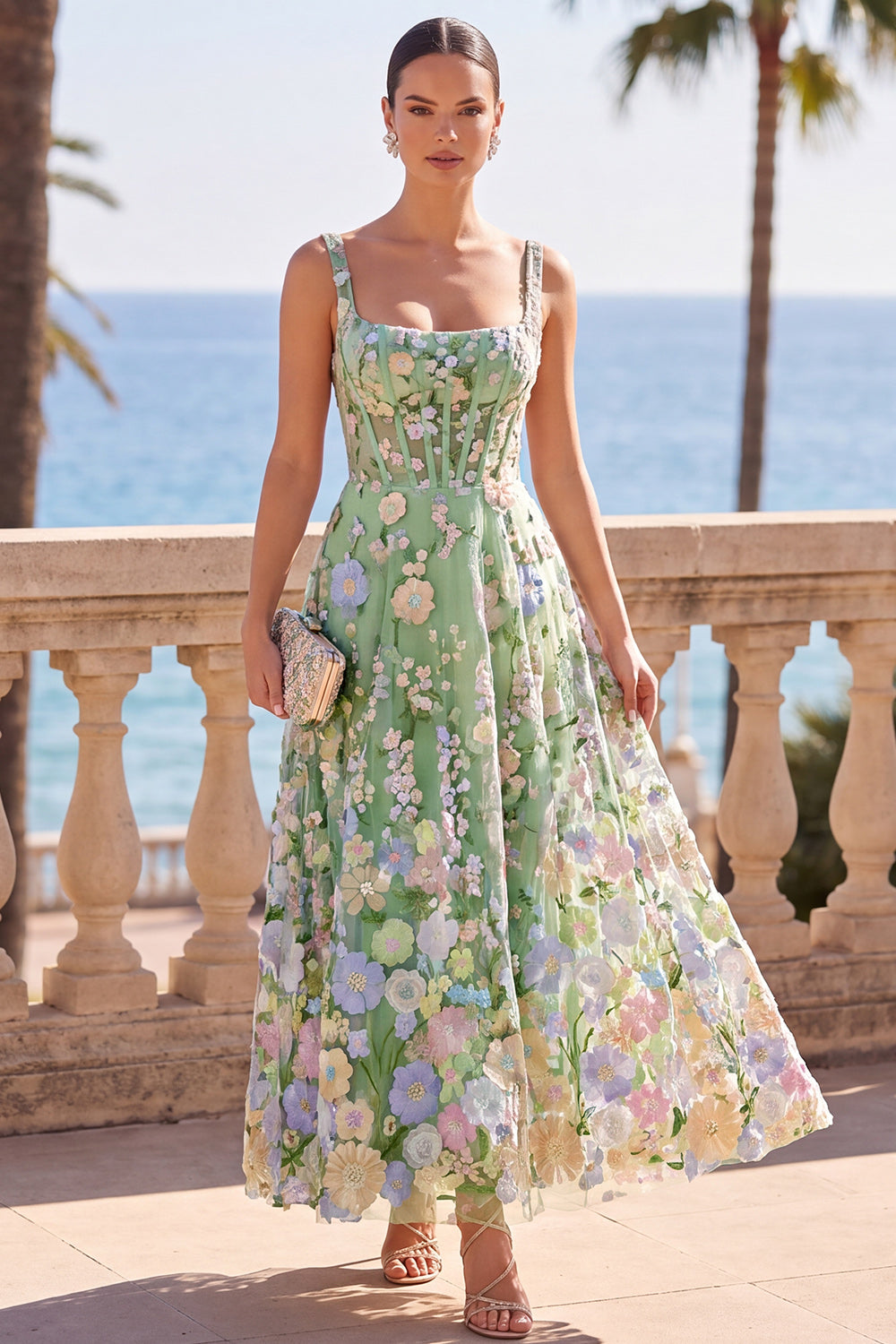 Green Corset Square Neck 3D Floral Appliques A-Line Midi Dress